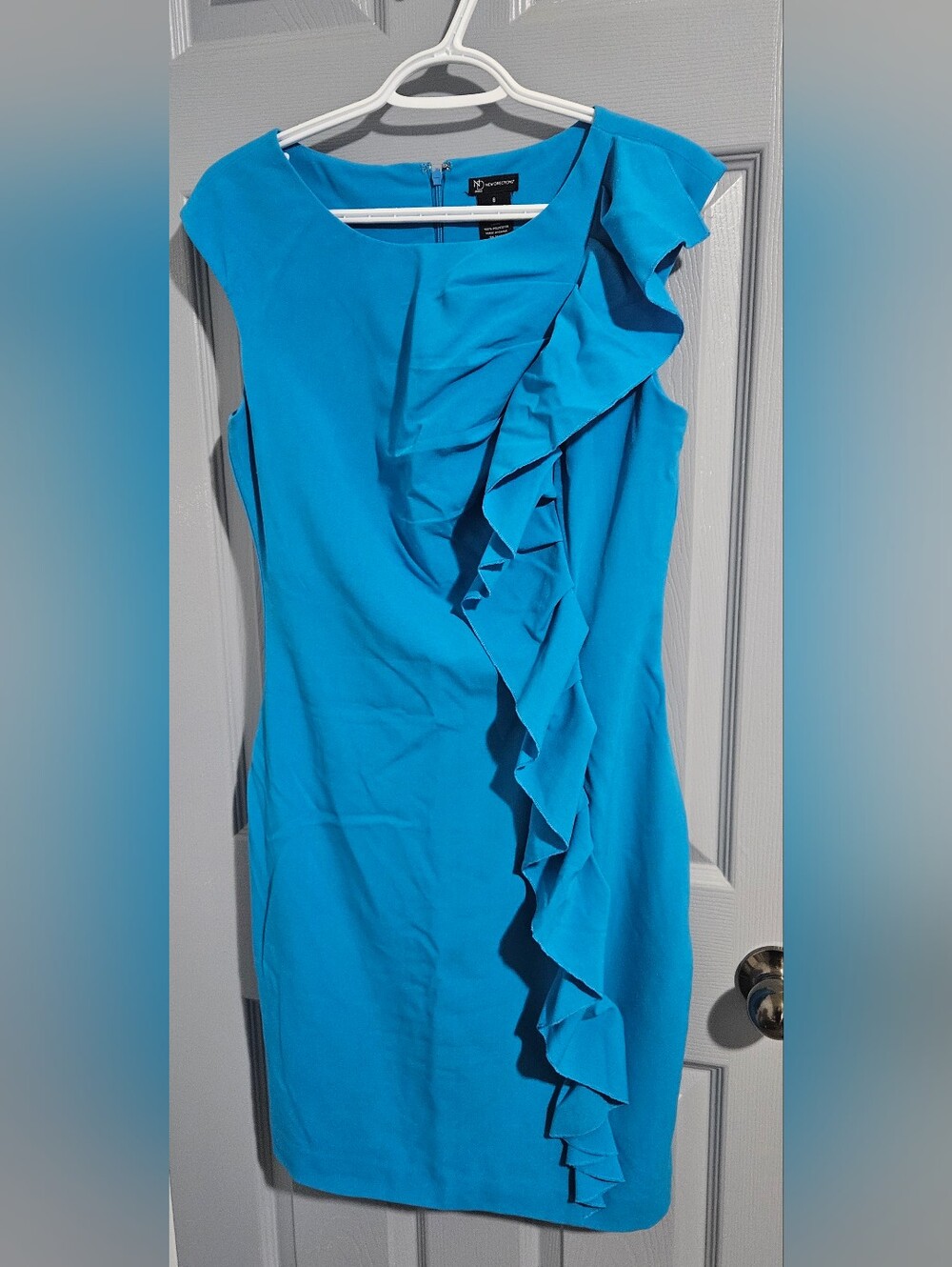 new directions Blue Ruffle-Front Sheath Dress